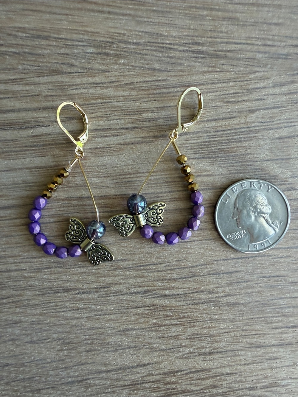 HAND CRAFTED WHIMSIGOTH DRAGONFLY TEARDROPS EARRINGS Purple & Gold Fairycore - Picture 9 of 9
